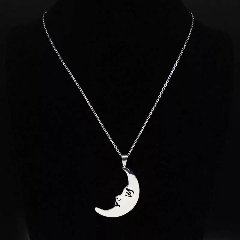 Crescent Moon Face Pendant Necklace